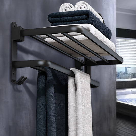 Gold Towel Holder with Space-Saving Shelf and Hooks for Bathroom - view 2