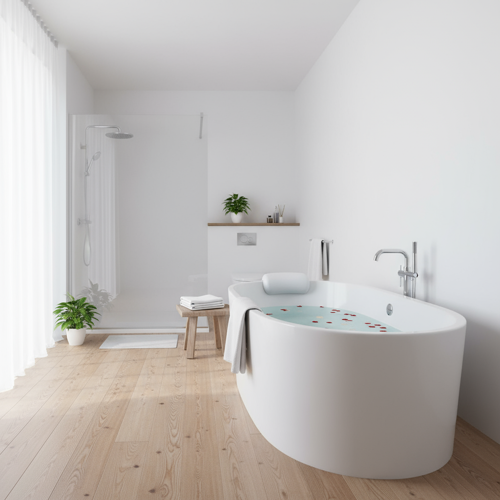 Norvik bathroom décor — bright spa-like bathroom with freestanding tub