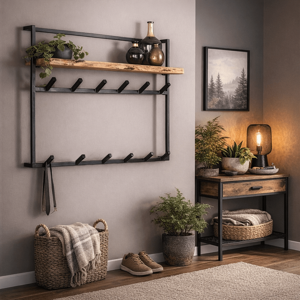 Industrial Wall Jacket – Solid Acacia Wood with Black Metal Hooks for Entrance or Living Room – view 2