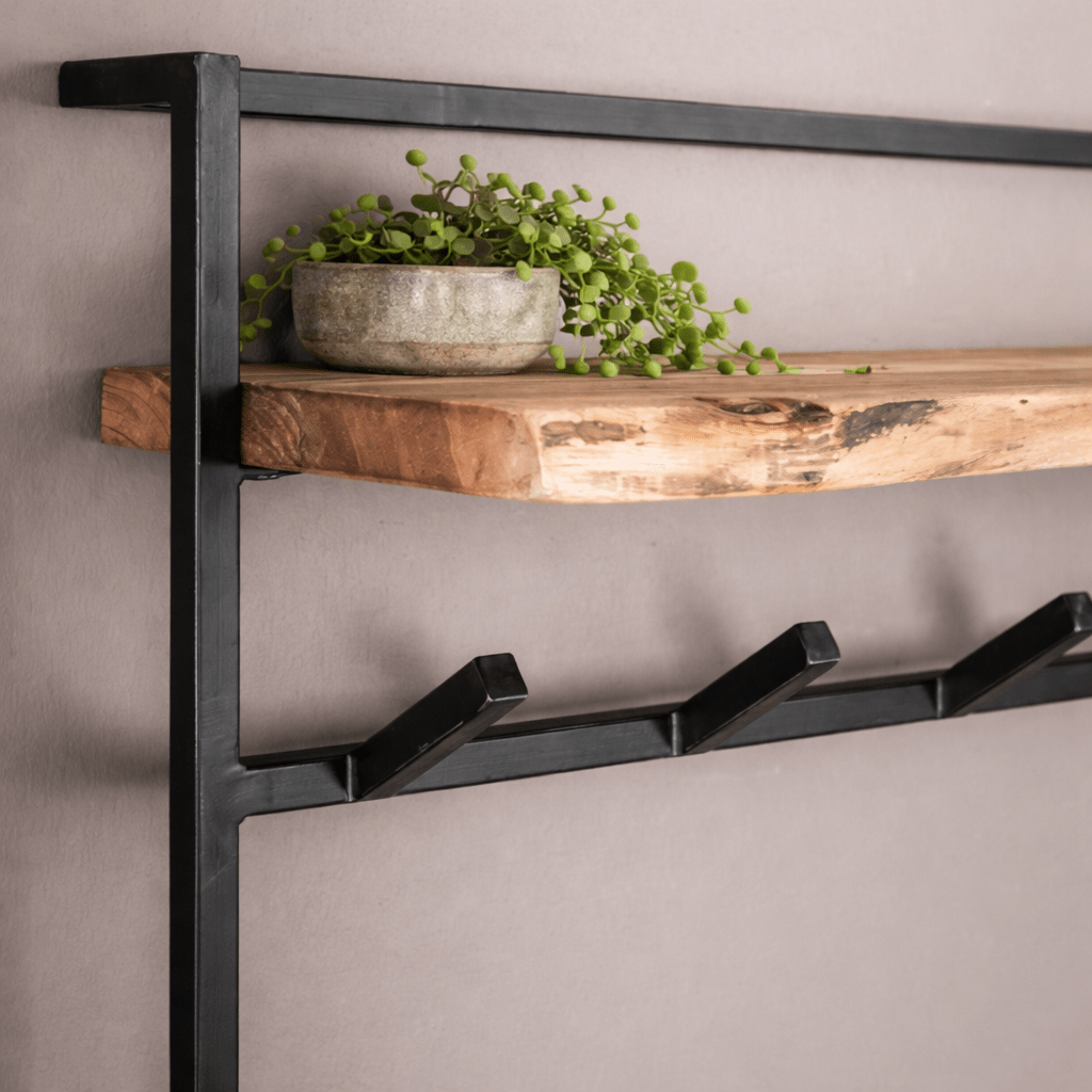 Industrial Wall Jacket – Solid Acacia Wood with Black Metal Hooks for Entrance or Living Room – view 5