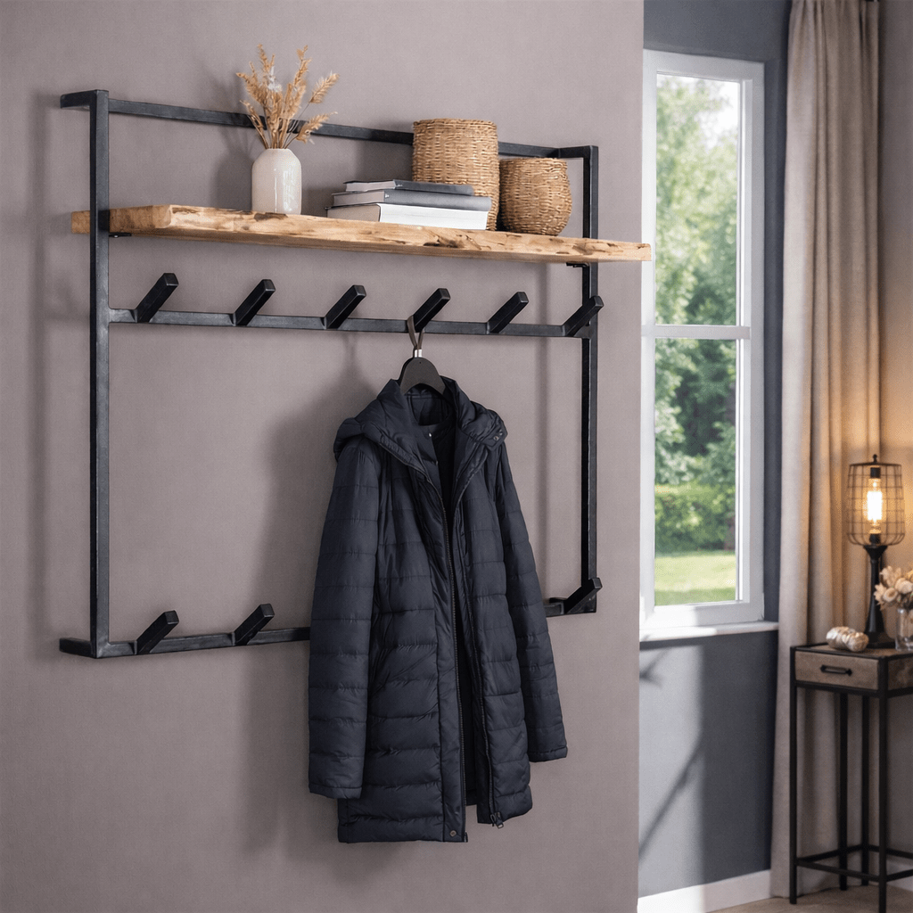 Industrial Wall Jacket – Solid Acacia Wood with Black Metal Hooks for Entrance or Living Room