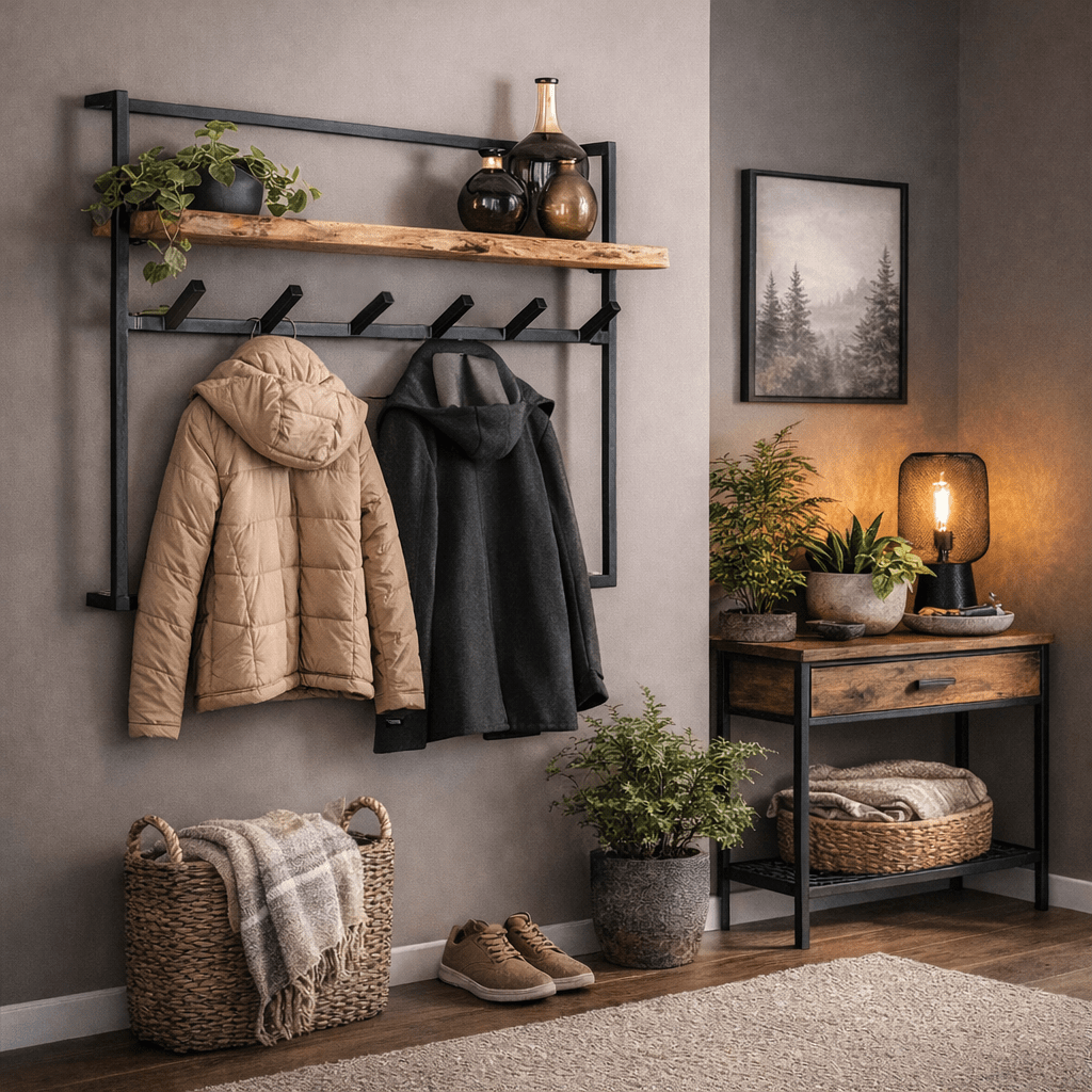 Industrial Wall Jacket – Solid Acacia Wood with Black Metal Hooks for Entrance or Living Room – view 4