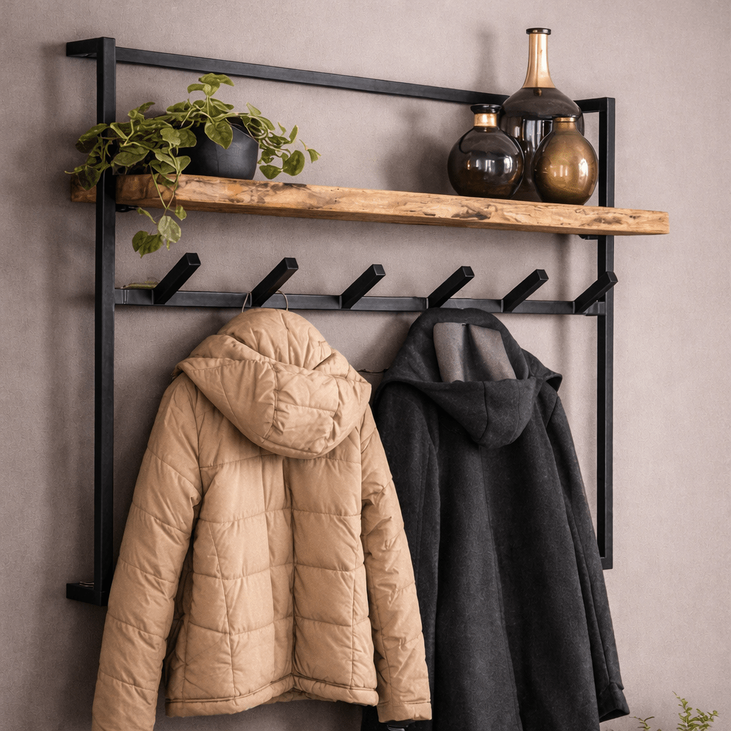 Industrial Wall Jacket – Solid Acacia Wood with Black Metal Hooks for Entrance or Living Room – view 3