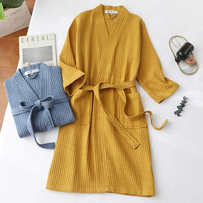 Waffle Bathrobe in Beige with V-Neck and Adjustable Waist - view 3