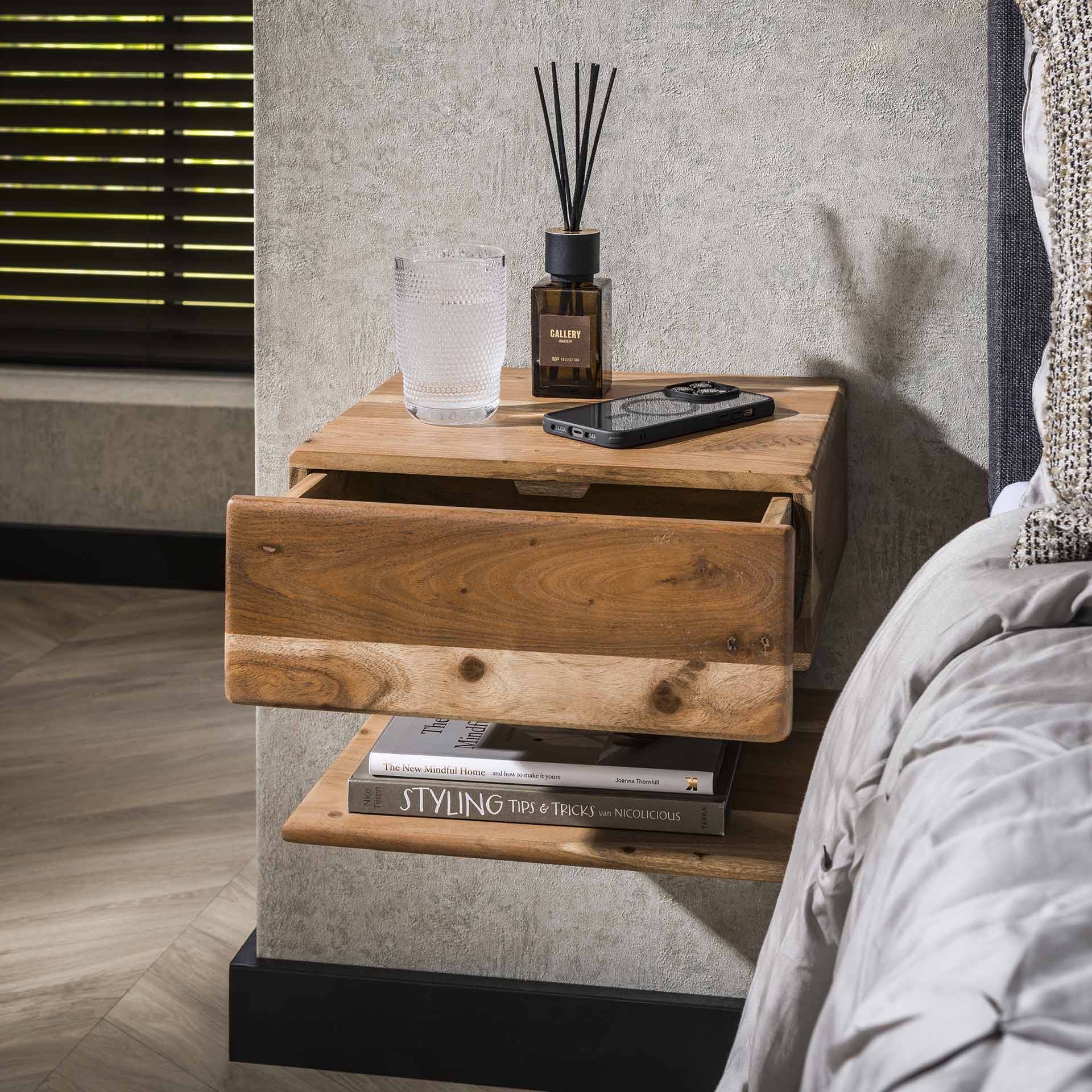 Floating Nightstand – Solid Acacia Wood, Natural Color with Drawer and Open Shelf for Bedroom Decor – view 3