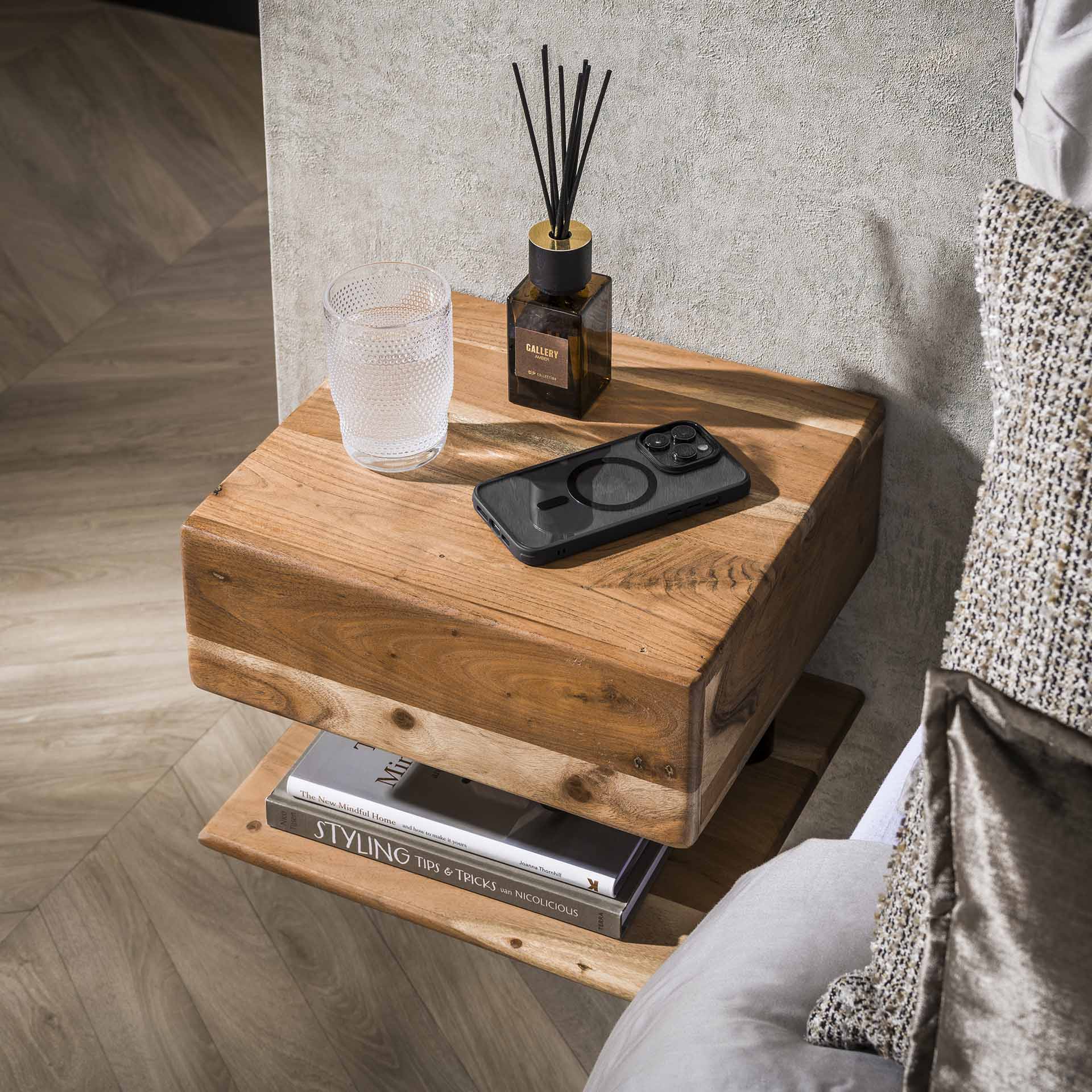 Floating Nightstand – Solid Acacia Wood, Natural Color with Drawer and Open Shelf for Bedroom Decor – view 4