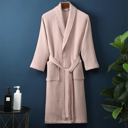 Waffle Bathrobe in Beige with V-Neck and Adjustable Waist - view 4