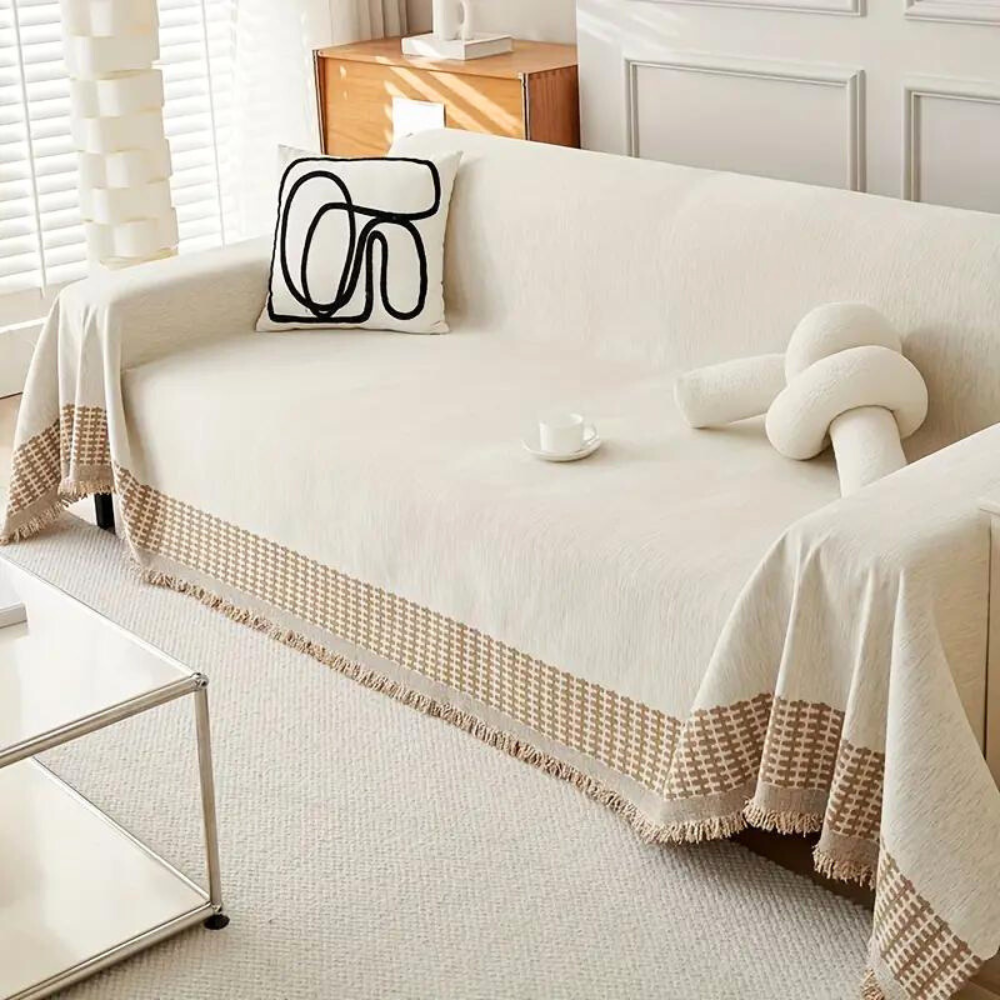 Couch Cover – Chenille Cotton, Jacquard with Fringes for Armchair or Loveseat in Living Room or Bedroom