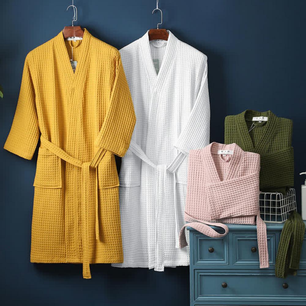 Waffle Bathrobe in Beige with V-Neck and Adjustable Waist - view 5