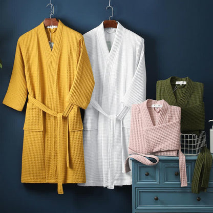 Waffle Bathrobe in Beige with V-Neck and Adjustable Waist - view 5