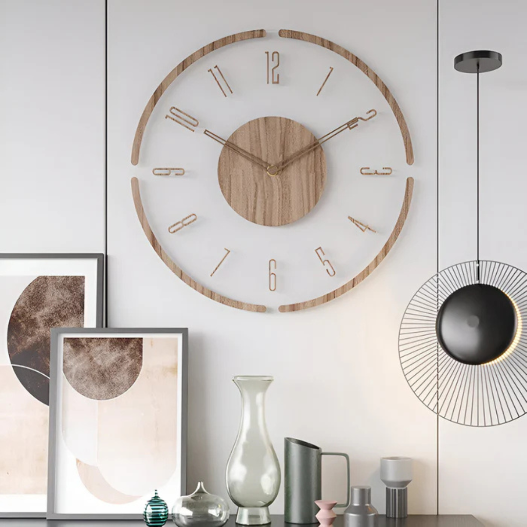 Moderne vægur – transparent akryl og træ, minimalistisk design til stue eller kontor – view 4