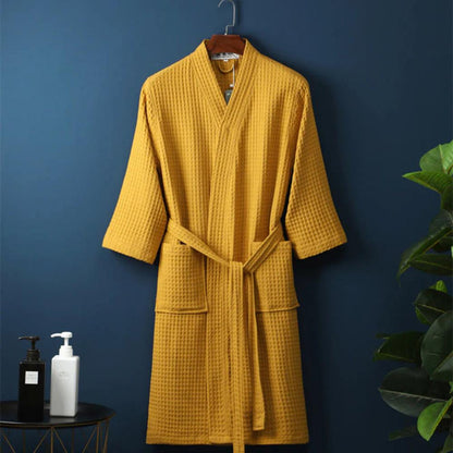 Waffle Bathrobe in Beige with V-Neck and Adjustable Waist - view 6