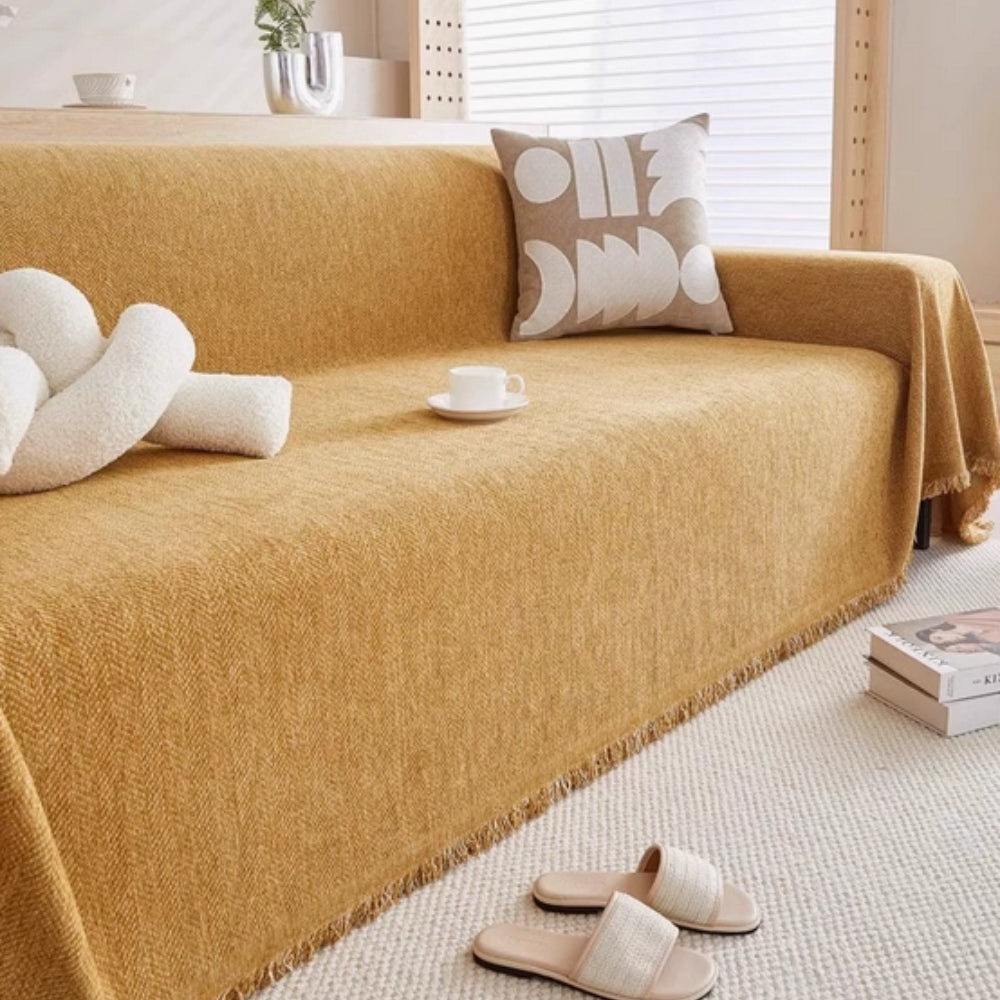 Minimalist Sofa Cover – Chenille, Gray with Fringes for Living Room or Lounge – view 5