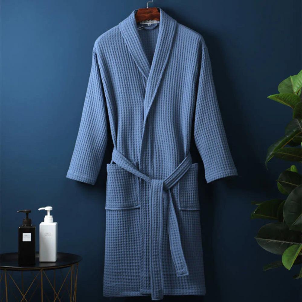 Waffle Bathrobe in Beige with V-Neck and Adjustable Waist - view 7