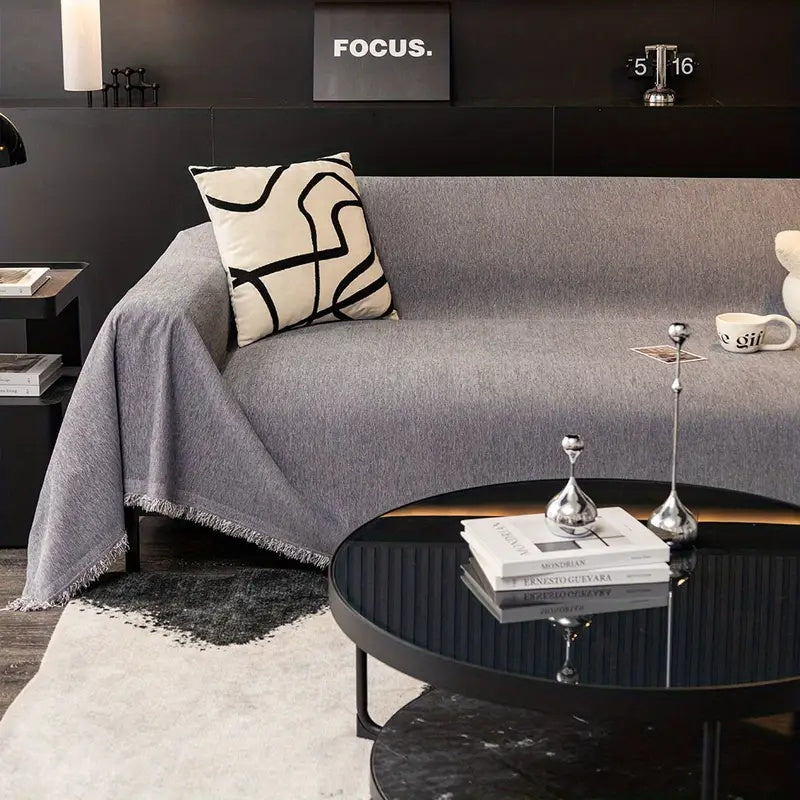 Minimalist Sofa Cover – Chenille, Gray with Fringes for Living Room or Lounge