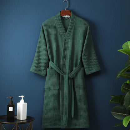 Waffle Bathrobe in Beige with V-Neck and Adjustable Waist - view 8