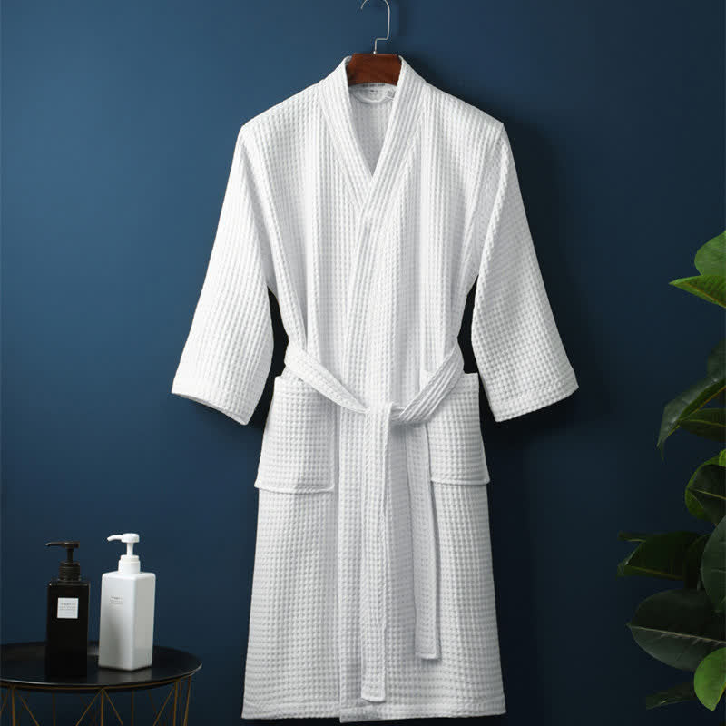 Waffle Bathrobe in Beige with V-Neck and Adjustable Waist - view 9