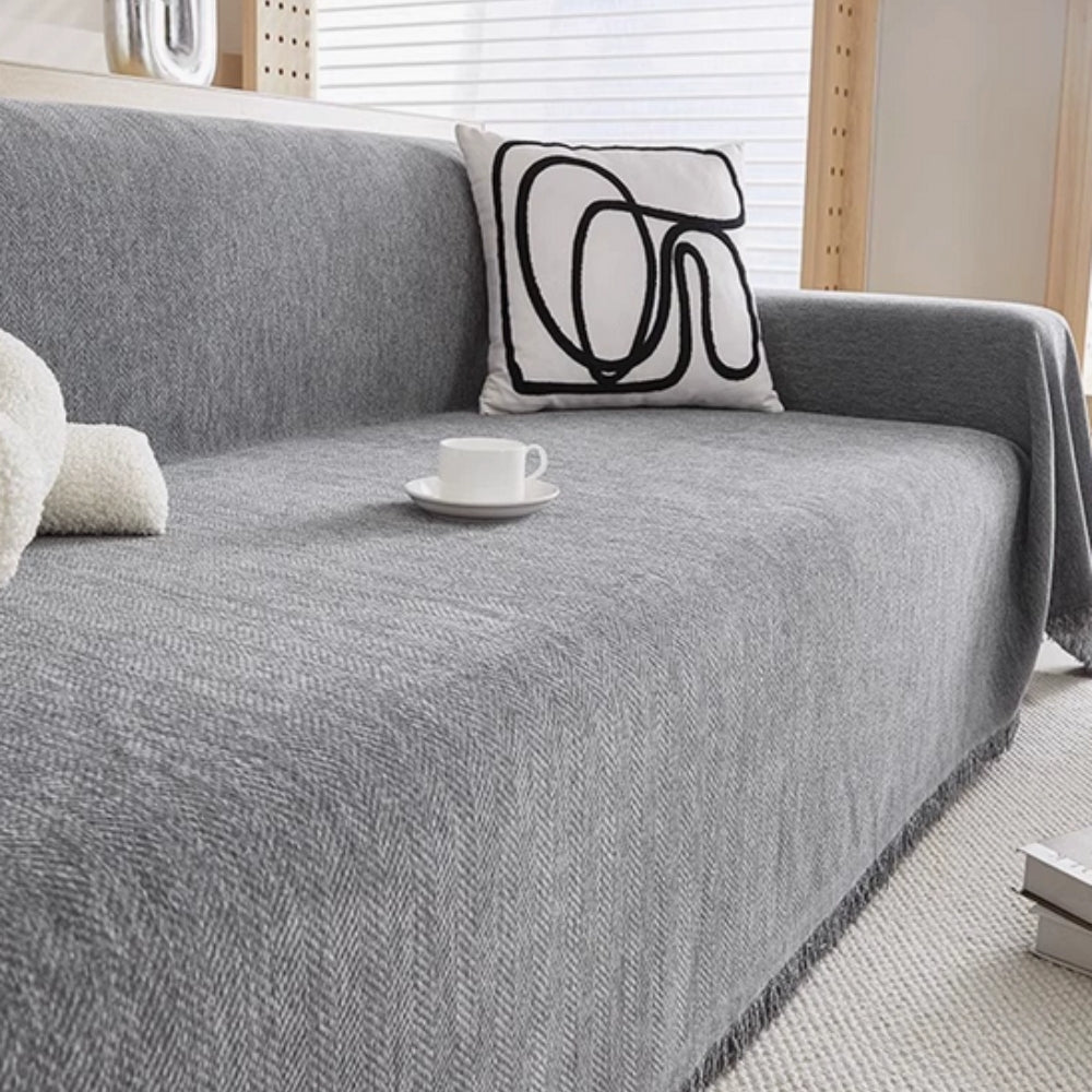 Minimalist Sofa Cover – Chenille, Gray with Fringes for Living Room or Lounge – view 2