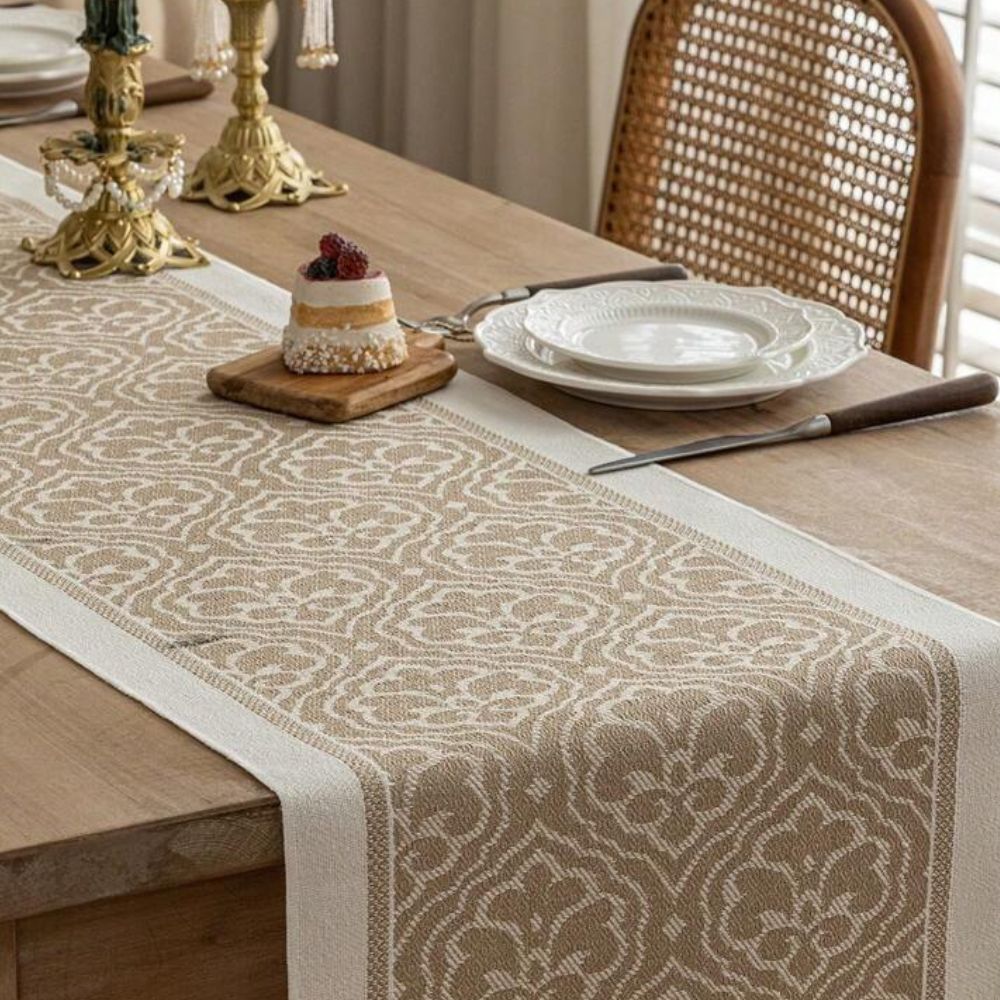 Damask Dune Jacquard Tablecloth - Earth Tones with Fringes – view 7
