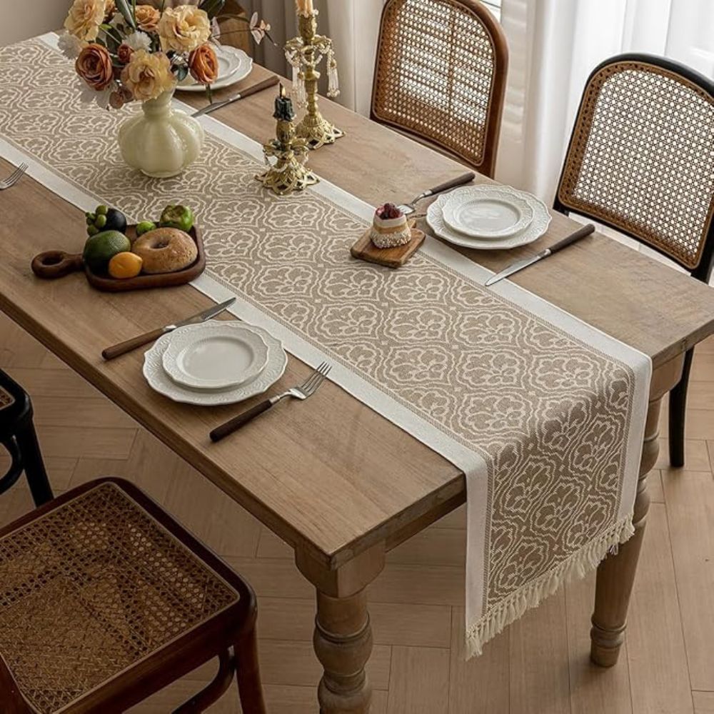 Damask Dune Jacquard Tablecloth - Earth Tones with Fringes – view 8