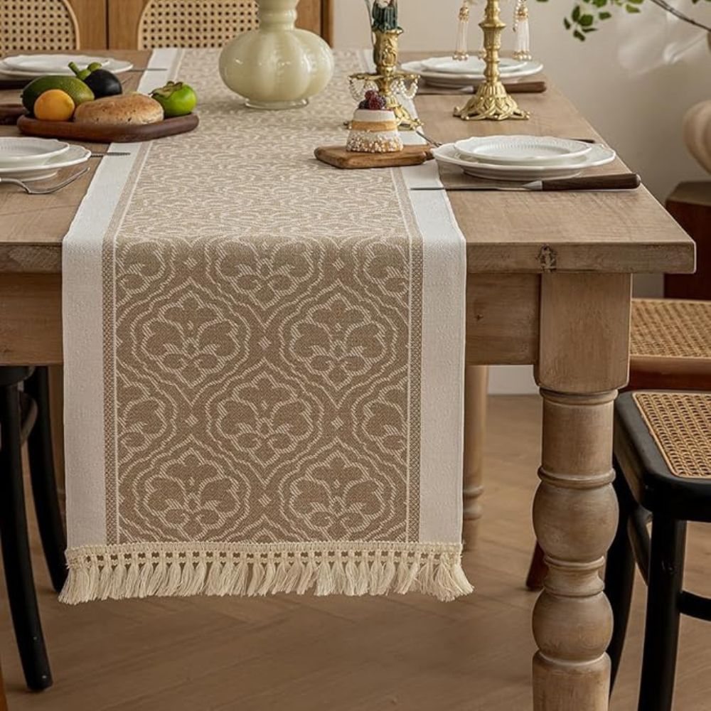 Damask Dune Jacquard Tablecloth - Earth Tones with Fringes – view 9