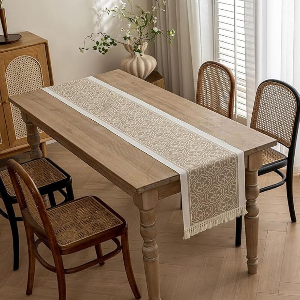 Damask Dune Jacquard Tablecloth - Earth Tones with Fringes – view 2