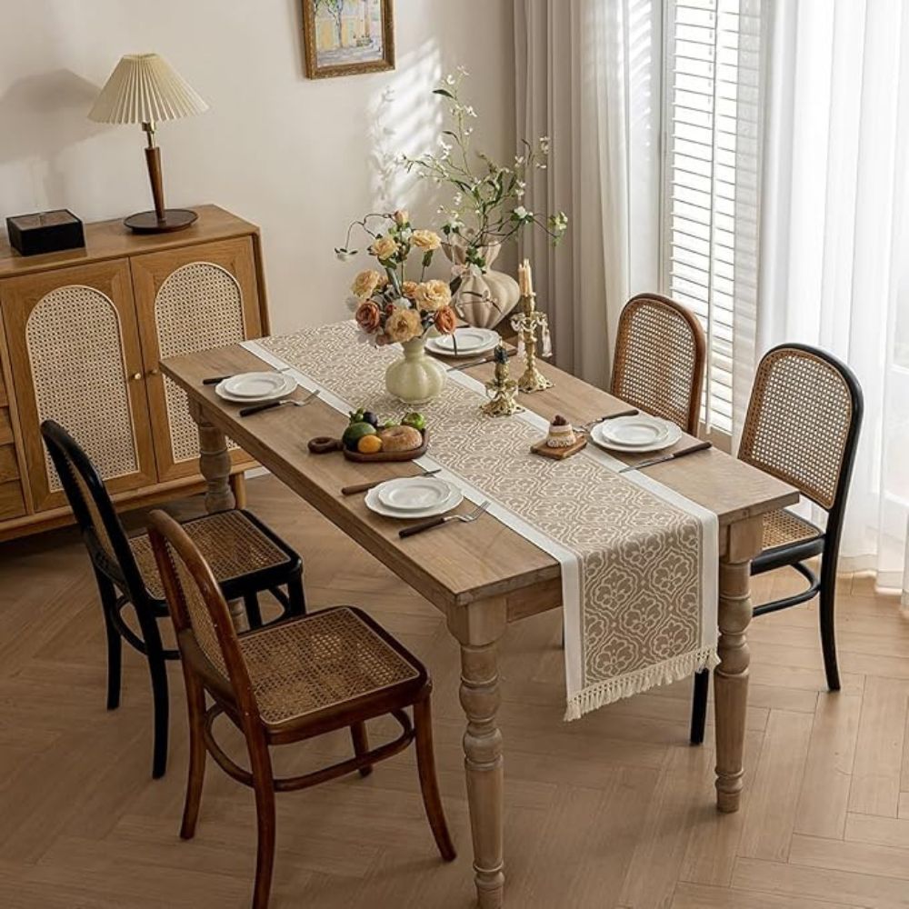 Damask Dune Jacquard Tablecloth - Earth Tones with Fringes