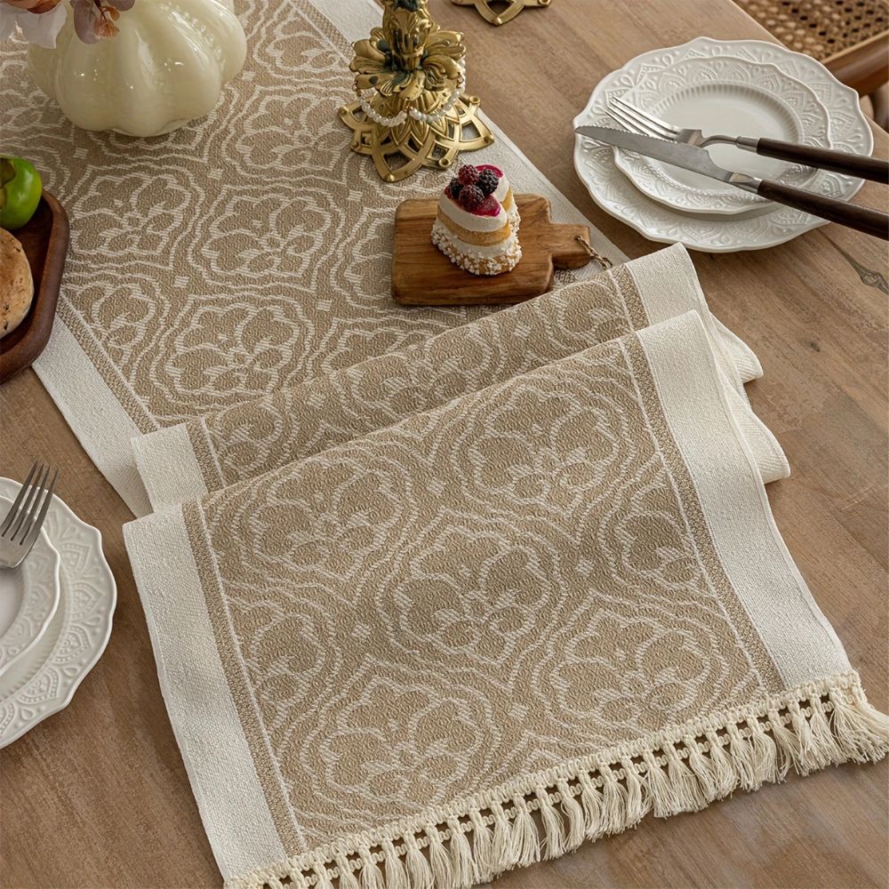 Damask Dune Jacquard Tablecloth - Earth Tones with Fringes – view 4