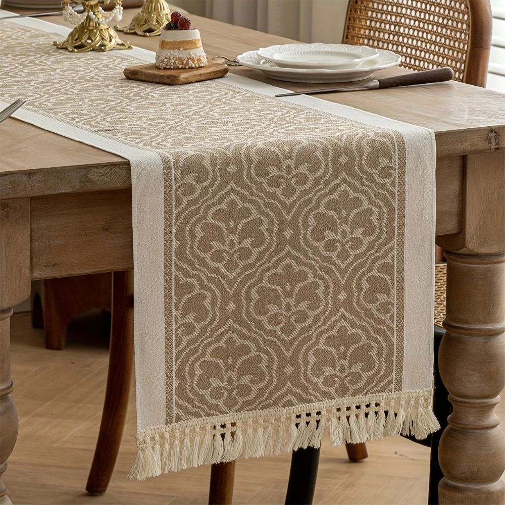 Damask Dune Jacquard Tablecloth - Earth Tones with Fringes – view 5