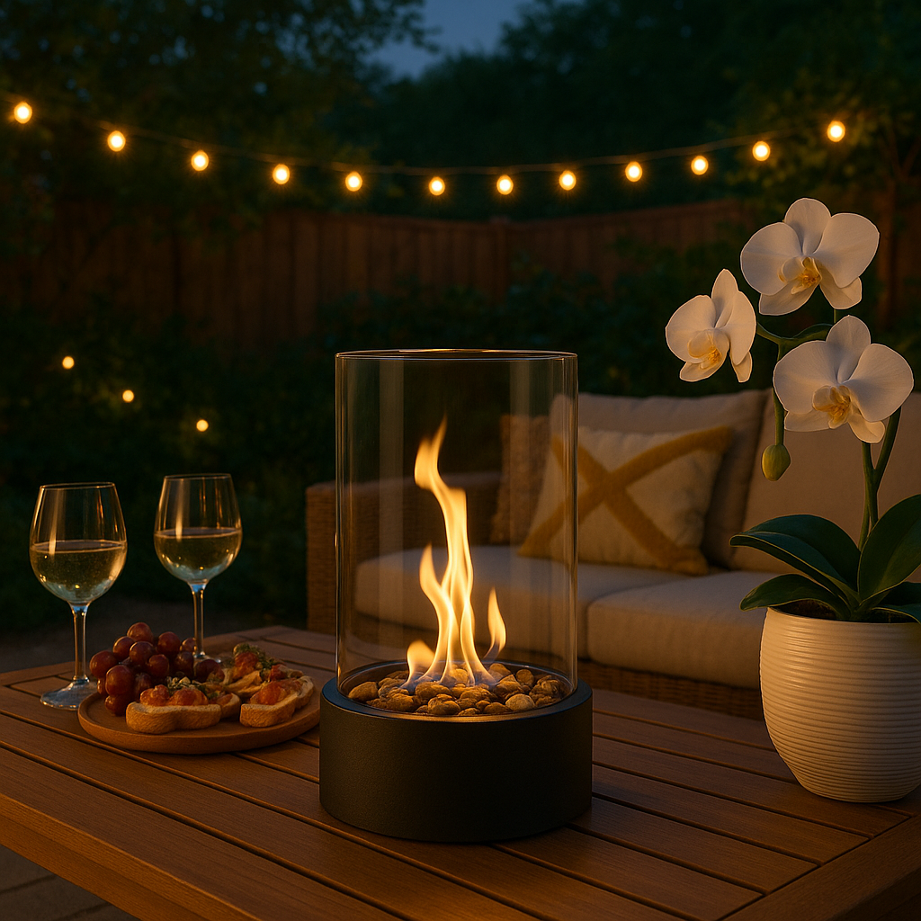 Table Fireplace - Smoke-Free Glass & Stainless Steel for Indoor/Outdoor