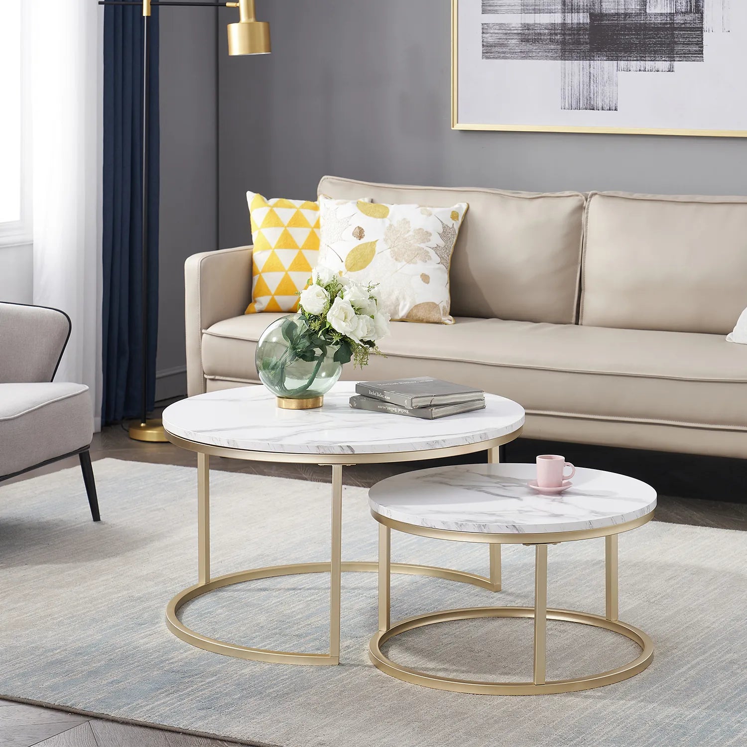 Round Side Table – White Marble with Golden Accents for Modern Living Room Decor