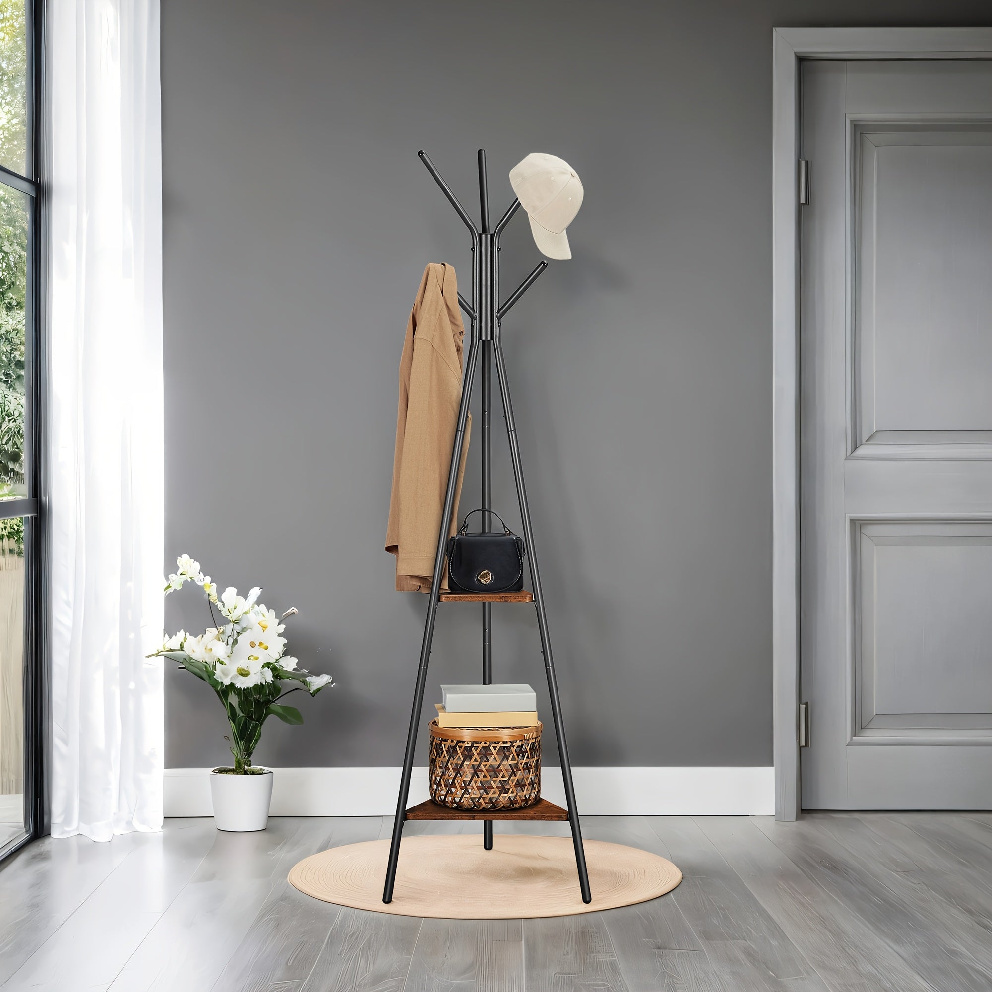 Metal Clothing Rack – Black, Multifunctional Design with 6 Hooks and 2 Shelves for Hallway or Guest Room – view 2