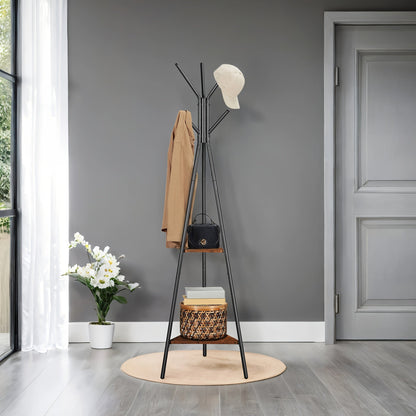 Black Clothing Rack with 6 Hooks and 2 Shelves for Hallway or Guest Room - view 2