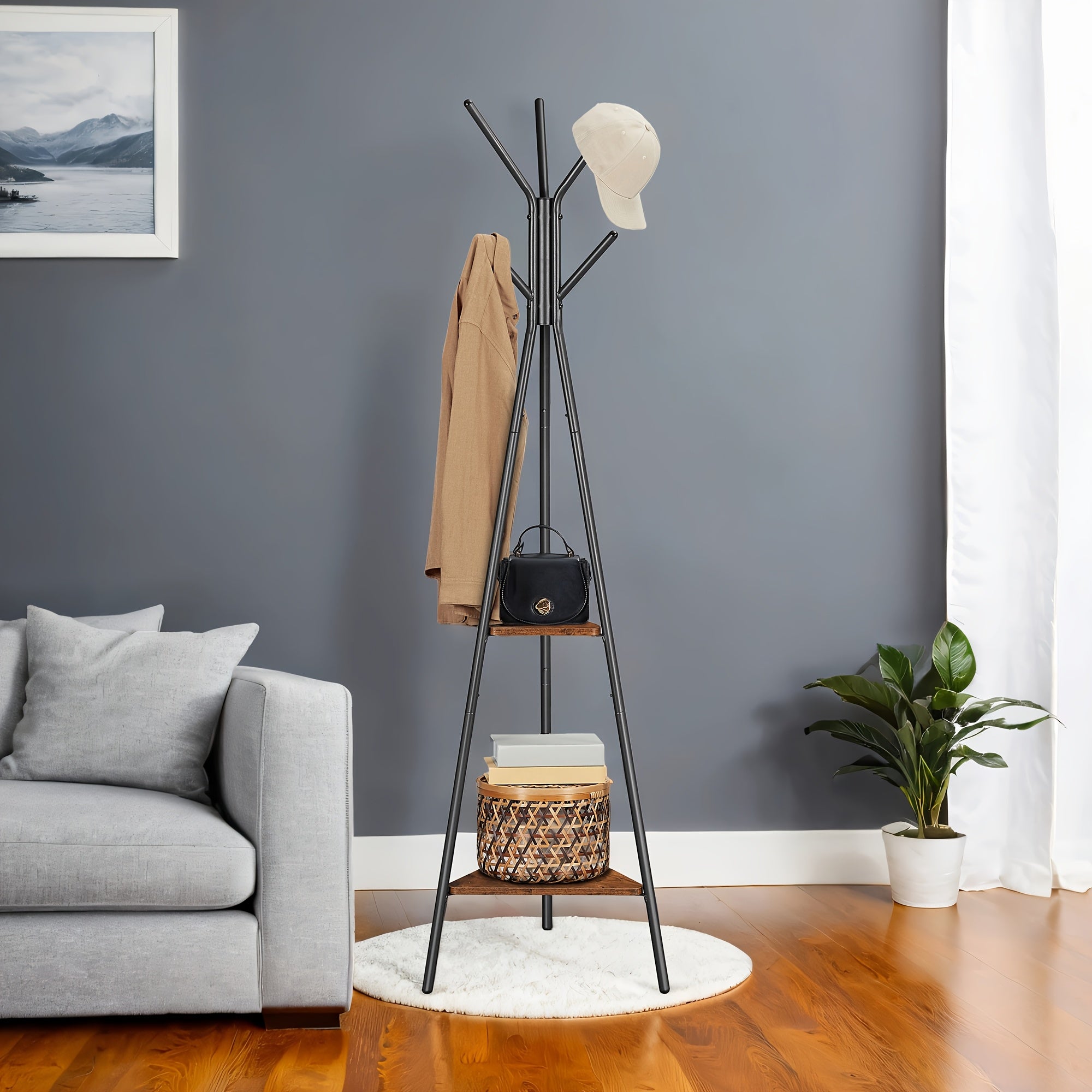 Metal Clothing Rack – Black, Multifunctional Design with 6 Hooks and 2 Shelves for Hallway or Guest Room