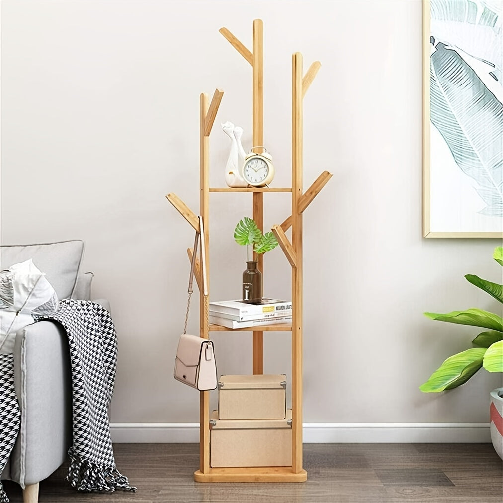 Bamboo Clothes Rack with 9 Hooks and 3 Shelves for Entryway – view 10