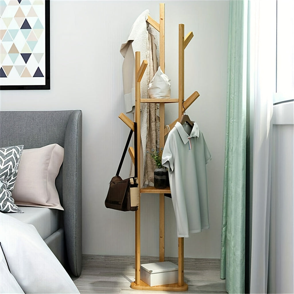 Bamboo Clothes Rack with 9 Hooks and 3 Shelves for Entryway – view 4