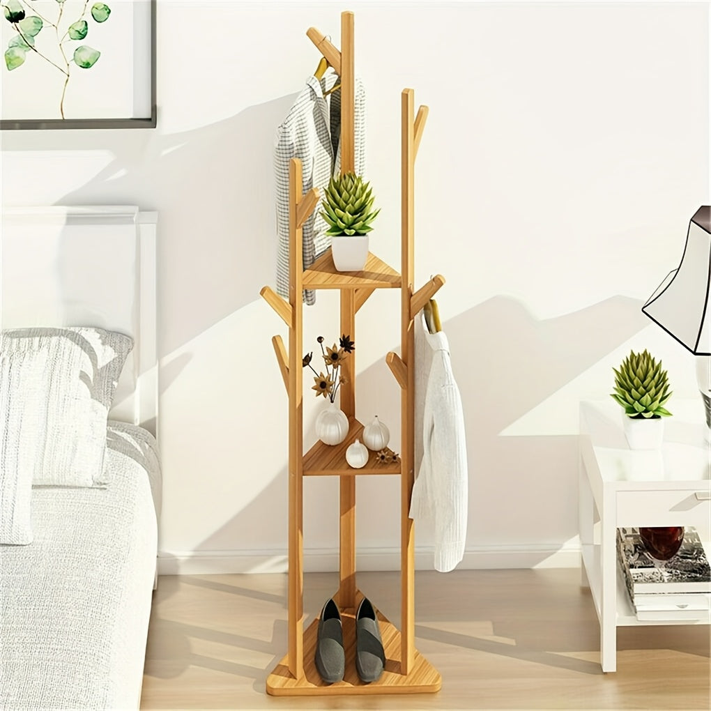 Bamboo Clothes Rack with 9 Hooks and 3 Shelves for Entryway – view 6