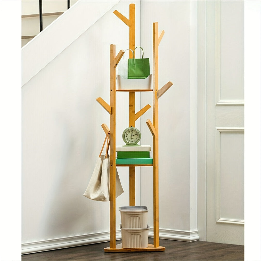 Bamboo Clothes Rack with 9 Hooks and 3 Shelves for Entryway – view 9