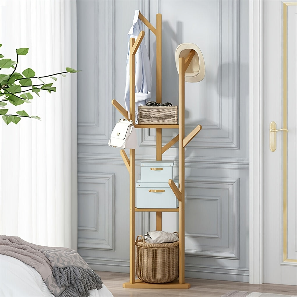 Bamboo Clothes Rack with 9 Hooks and 3 Shelves for Entryway