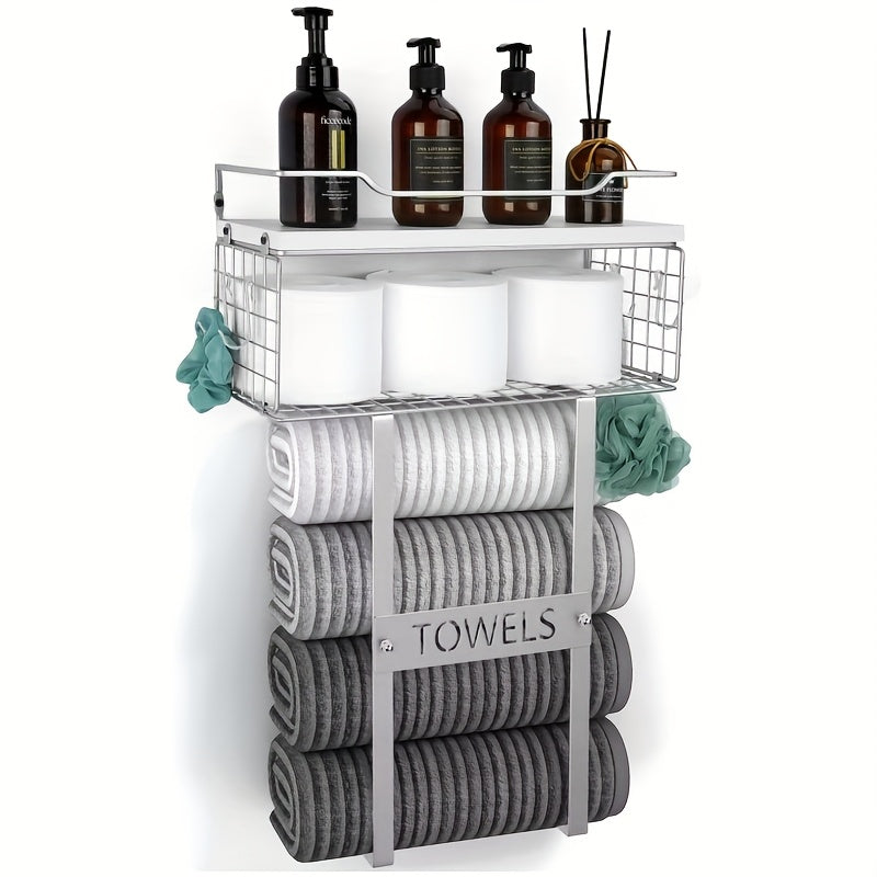 Rustic Towel Holder with Wall Shelf for Bathroom Decor - view 11