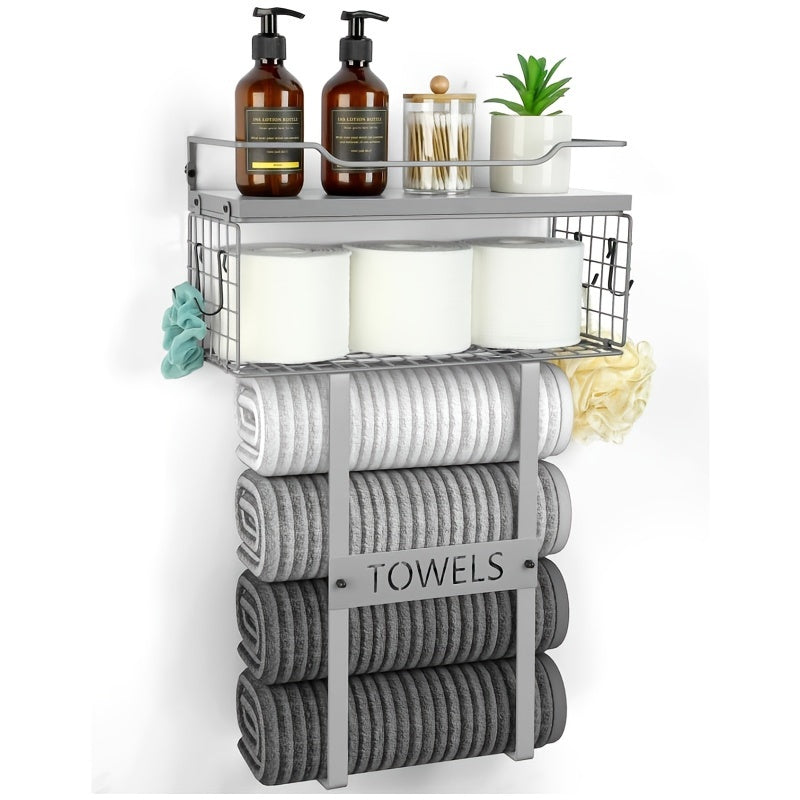 Rustic Towel Holder with Wall Shelf for Bathroom Decor - view 12