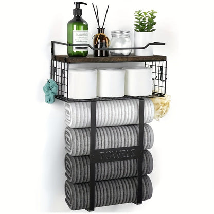 Rustic Towel Holder with Wall Shelf for Bathroom Decor - view 5