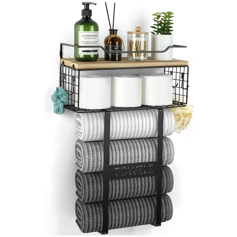 Rustic Towel Holder with Wall Shelf for Bathroom Decor - view 6