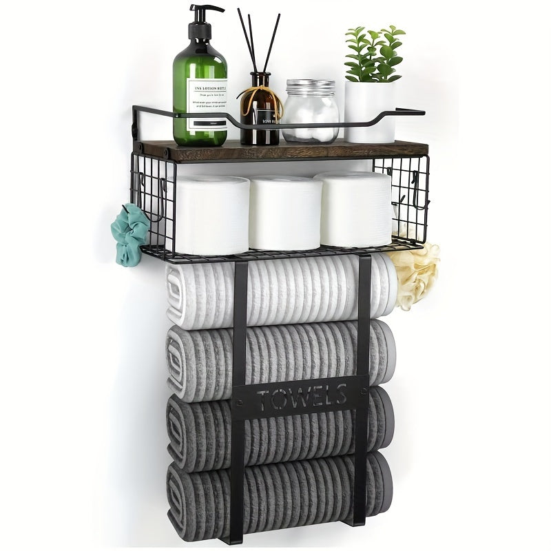 Rustic Towel Holder with Wall Shelf for Bathroom Decor - view 7