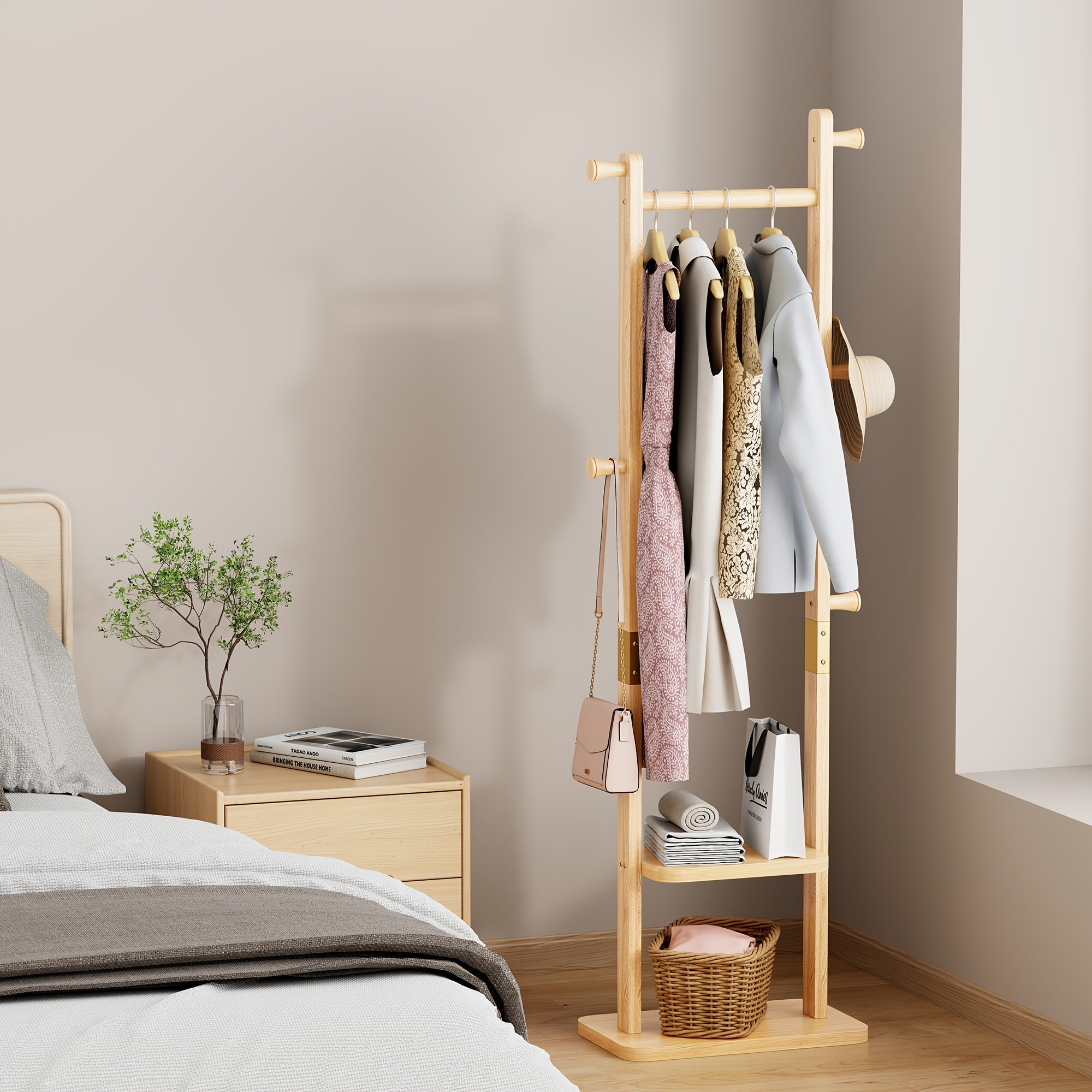 Solid Wood Clothing Rack with Rubber Pull-Out Shelf and Wheels – view 4
