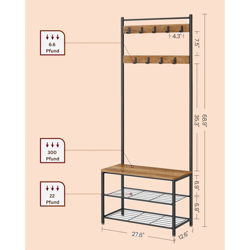 Metal Tøjstativ – Sort, minimalistisk design med Skohylde og Reol til entre eller soveværelse – view 12