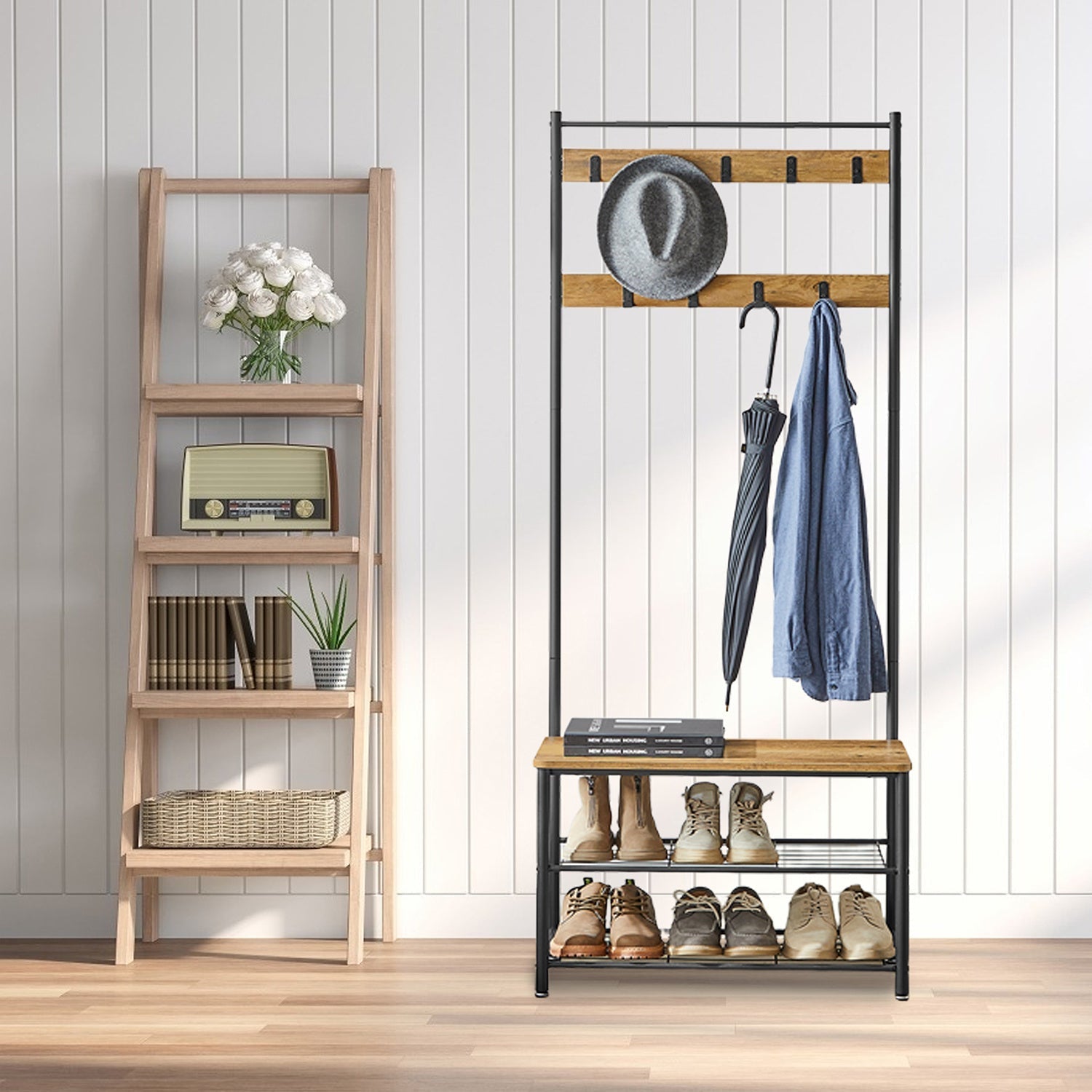 Metal Tøjstativ – Sort, minimalistisk design med Skohylde og Reol til entre eller soveværelse – view 7
