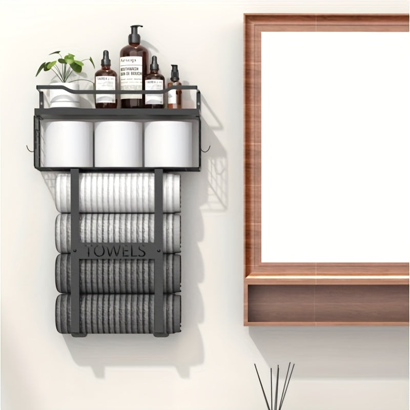 Black Wall-Mounted Towel Holder with Shelf for Bathroom - view 3