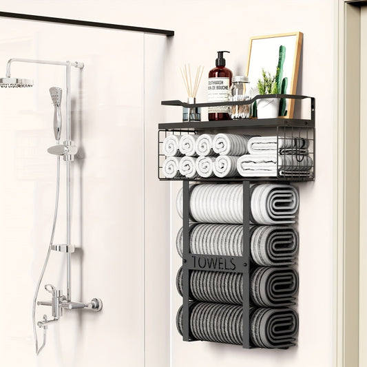 Black Wall-Mounted Towel Holder with Shelf for Bathroom - view 2