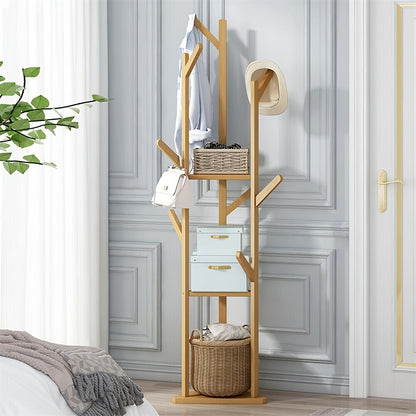 Freestanding Rotating Coat Rack with 9 Hooks and 3 Shelves